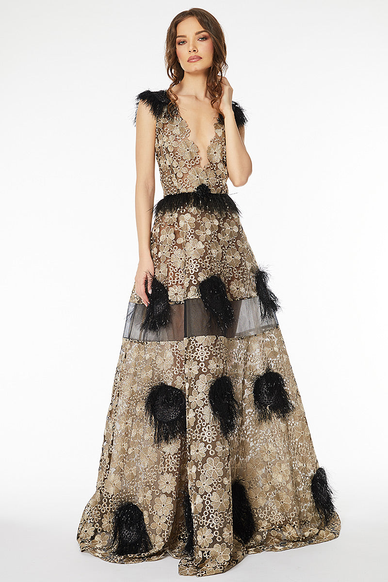 Rochie de seara lunga eleganta in forma de A cu dantela aurie R3H20