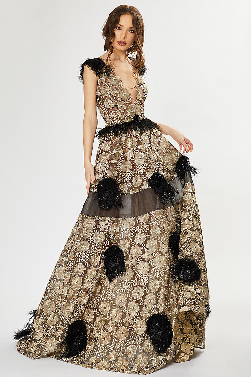 Rochie de seara lunga eleganta in forma de A cu dantela aurie R3H20