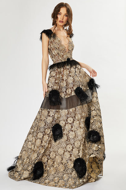 Rochie de seara lunga eleganta in forma de A cu dantela aurie R3H20