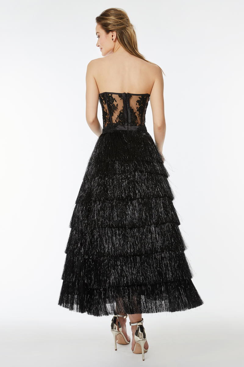 Rochie midi neagra de seara din dantela cu corsaj in linia  Alisa