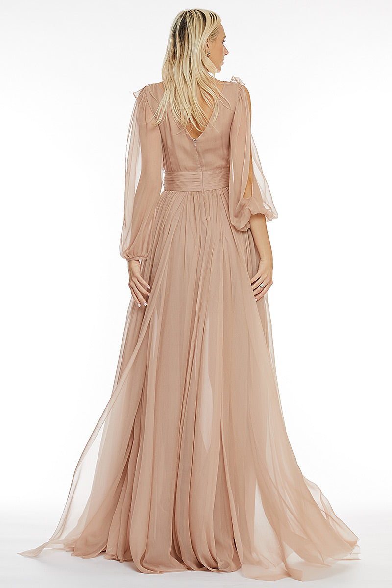 Rochie lunga de matase naturala, cu maneci lungi si broderie Lorena