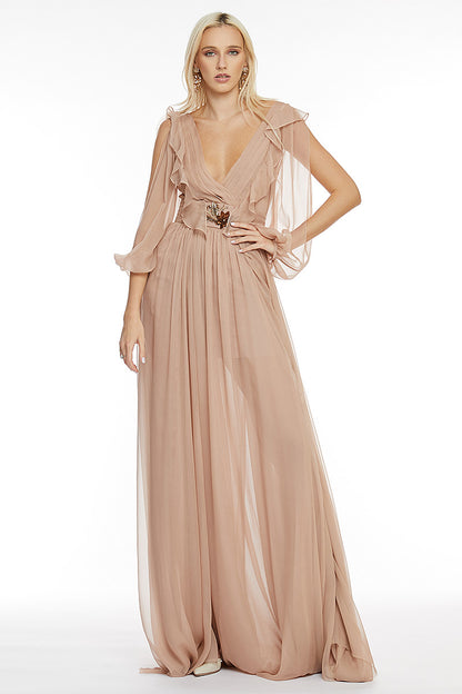 Rochie lunga de matase naturala, cu maneci lungi si broderie Lorena