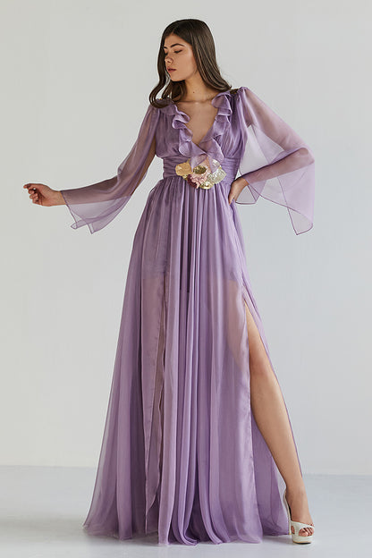 Rochie Ilia, lunga, de seara, de ocazie, din matase si broderie manuala, cu maneci lungi, R3H23