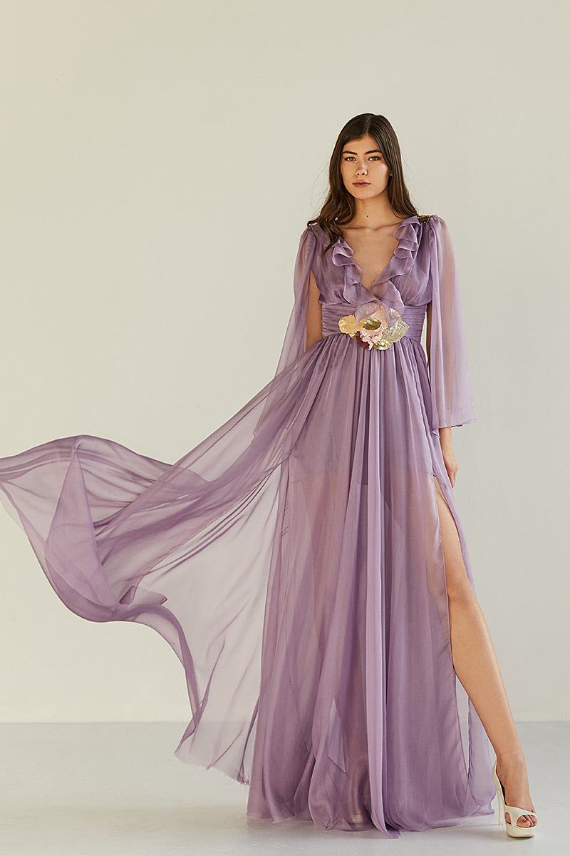 Rochie Ilia, lunga, de seara, de ocazie, din matase si broderie manuala, cu maneci lungi, R3H23