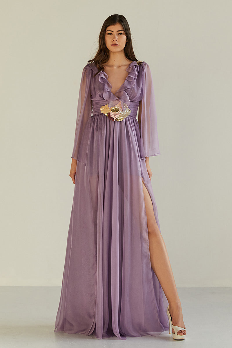 Rochie Ilia, lunga, de seara, de ocazie, din matase si broderie manuala, cu maneci lungi, R3H23