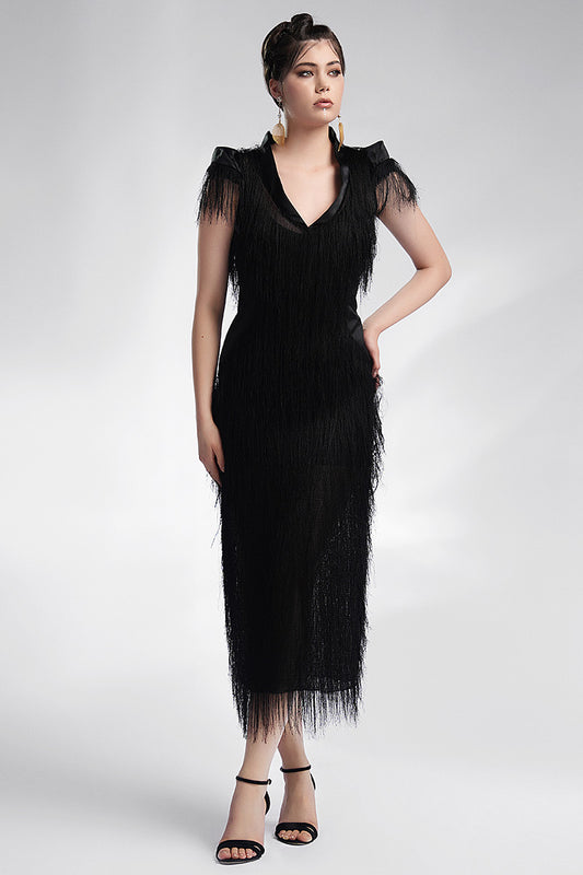 Rochie neagra cu franjuri midi Tema