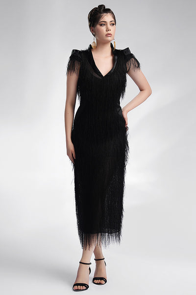 Rochie neagra cu franjuri midi Tema