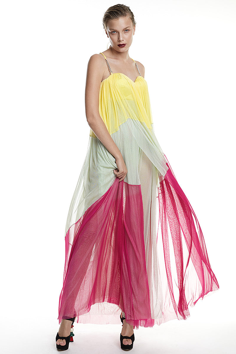 Rochie lunga de matase eleganta multicolora cu bretele si spate gol. R3S18