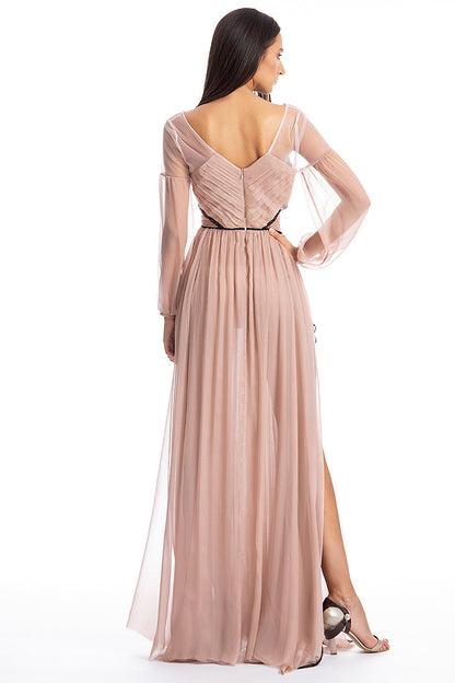 Rochie lunga de seara, eleganta din matase cu maneci lungi si slit  Louise R3S19