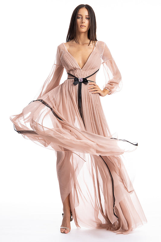 Rochie lunga de seara, eleganta din matase cu maneci lungi si slit  Louise R3S19