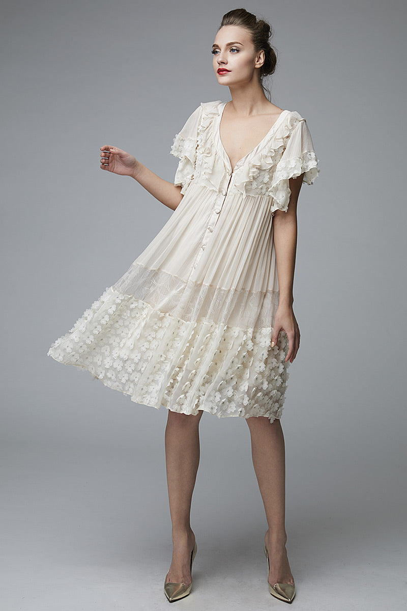 Rochie de zi de matase cu flori si maneci scurte R40S17