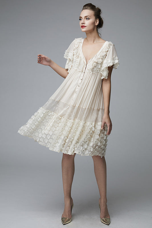 Rochie de zi de matase cu flori si maneci scurte R40S17