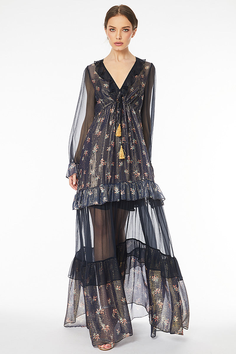 Rochie lunga de matase albastra R48H17BLUE