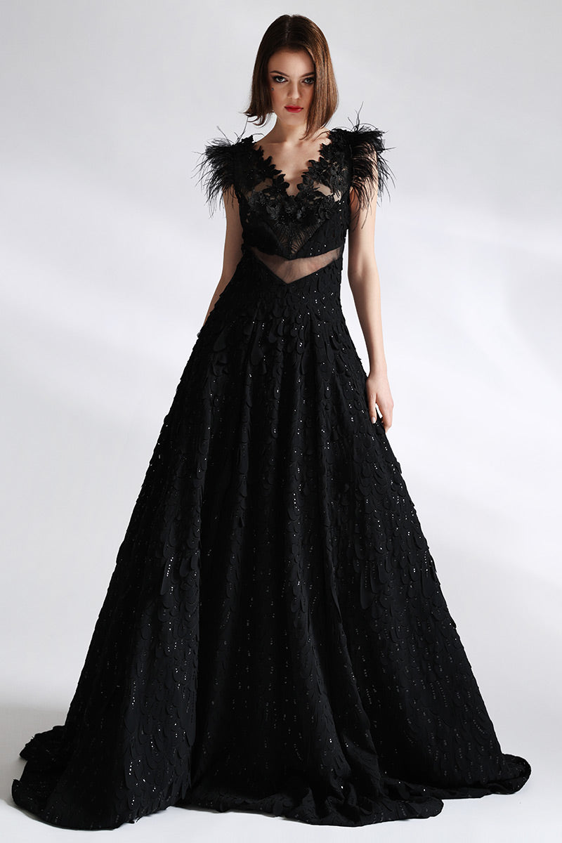 Rochie lunga de seara de lux in forma de A, din broderie si dantela  Piana R4H21