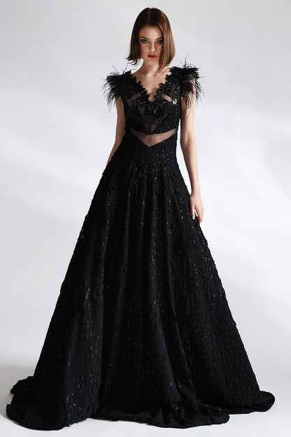 Rochie lunga de seara de lux in forma de A, din broderie si dantela  Piana R4H21