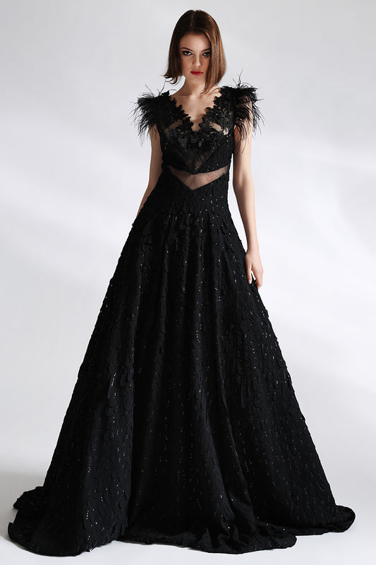 Rochie lunga de seara de lux in forma de A, din broderie si dantela  Piana R4H21