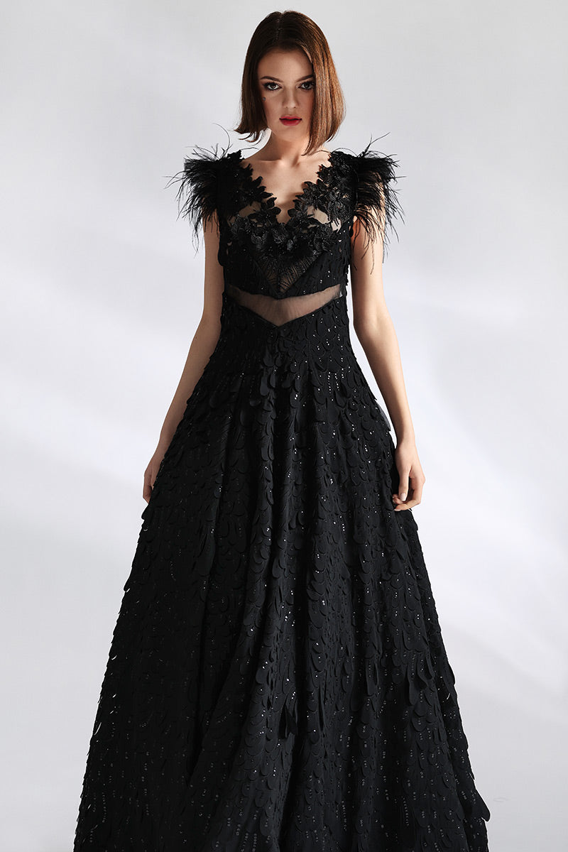 Rochie lunga de seara de lux in forma de A, din broderie si dantela  Piana R4H21