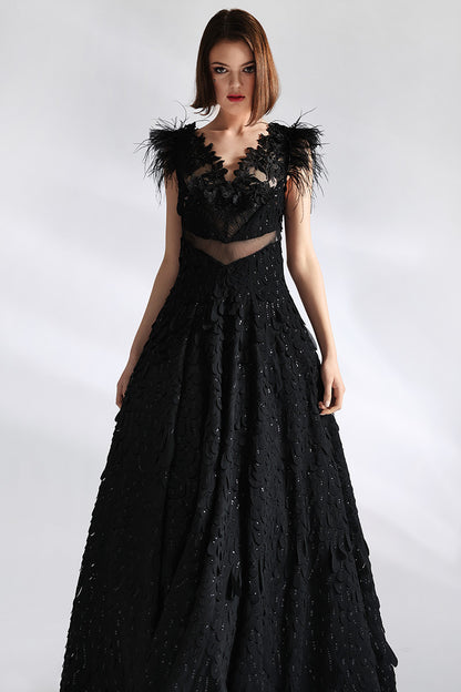 Rochie lunga de seara de lux in forma de A, din broderie si dantela  Piana R4H21