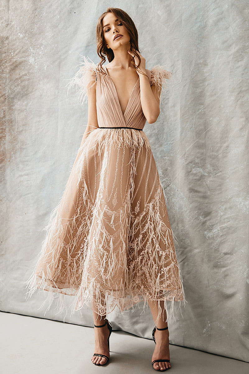 Rochie midi de ocazie de dantela si matase natutala R4H20