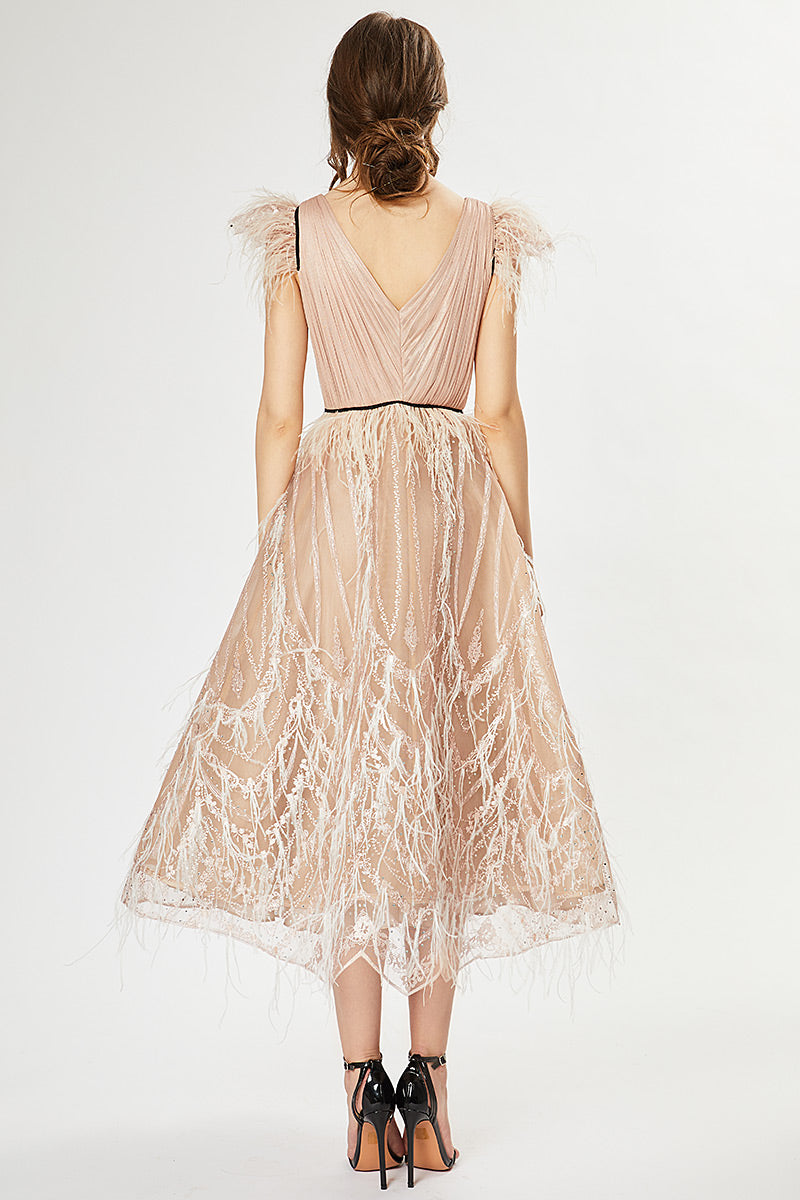 Rochie midi de ocazie de dantela si matase natutala R4H20