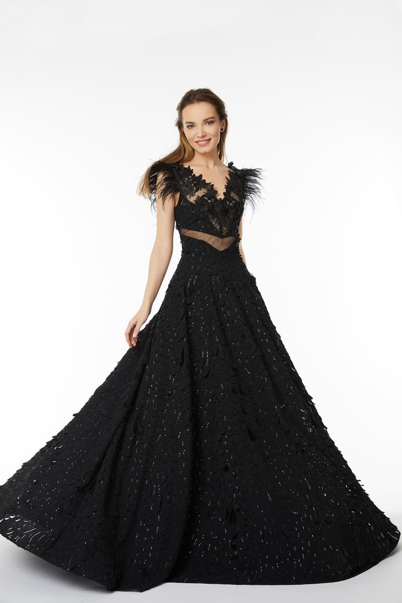 Rochie lunga de seara de lux in forma de A, din broderie si dantela  Piana R4H21