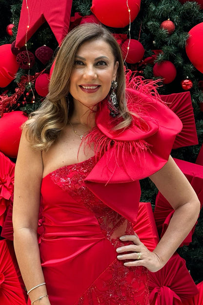 Rochie de seara rosie cu corset si broderie Camelian