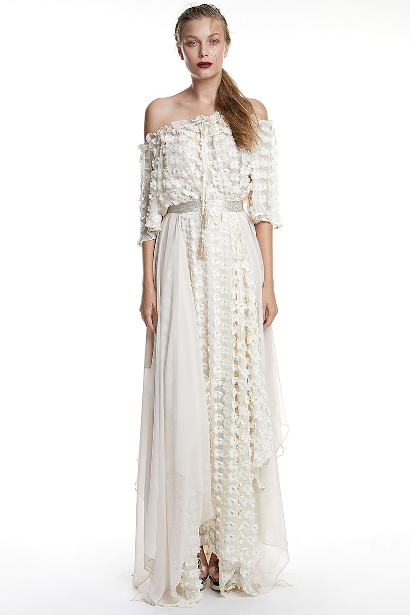 Rochie din matase lunga cu flori in relief, fluida Aruna