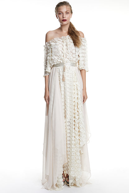 Rochie din matase lunga cu flori in relief, fluida Aruna