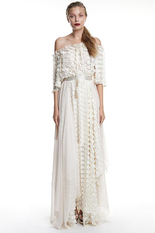 Rochie din matase lunga cu flori in relief, fluida Aruna