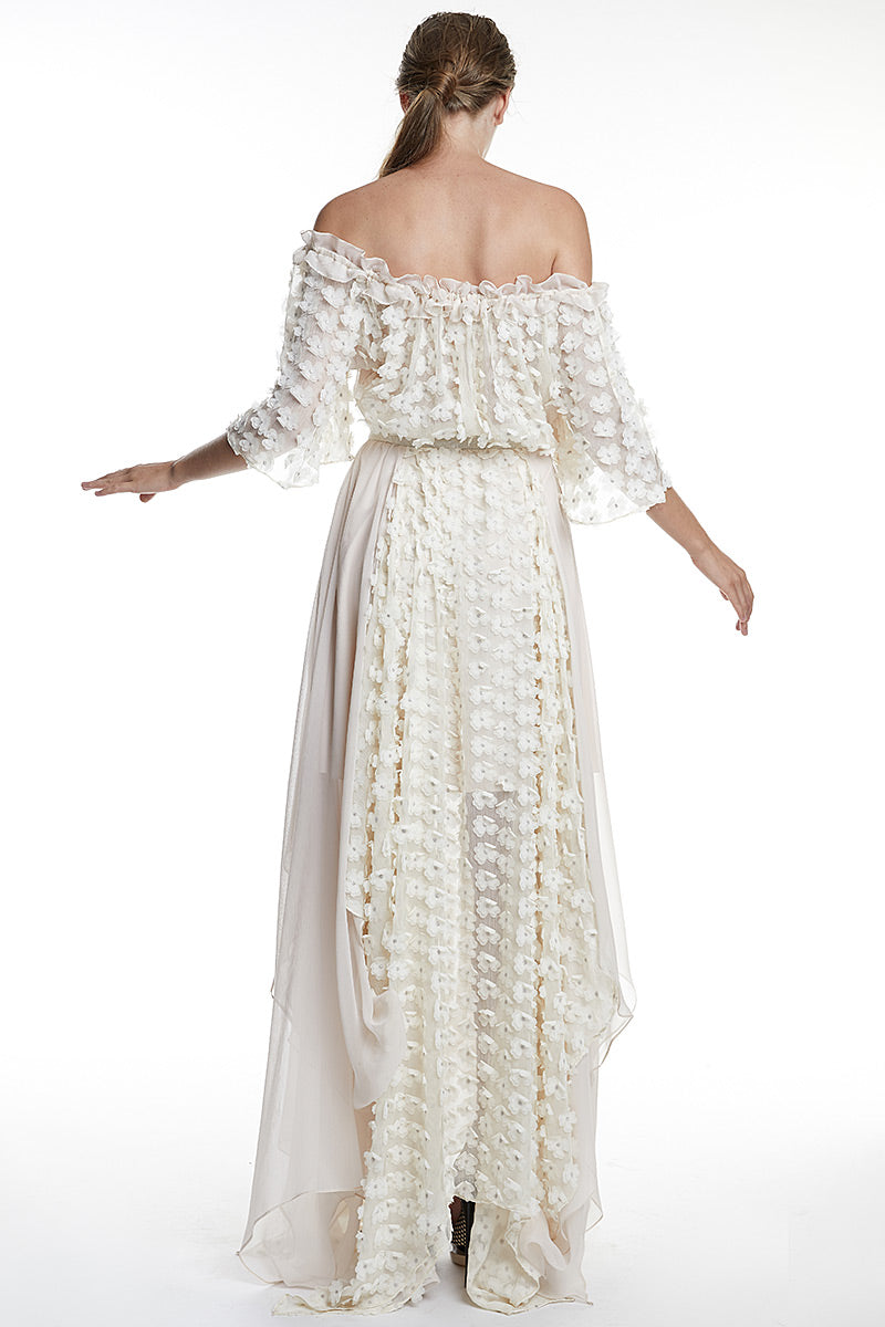 Rochie din matase lunga cu flori in relief, fluida Aruna