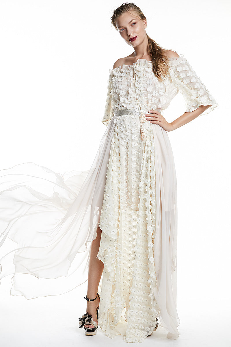 Rochie din matase lunga cu flori in relief, fluida Aruna