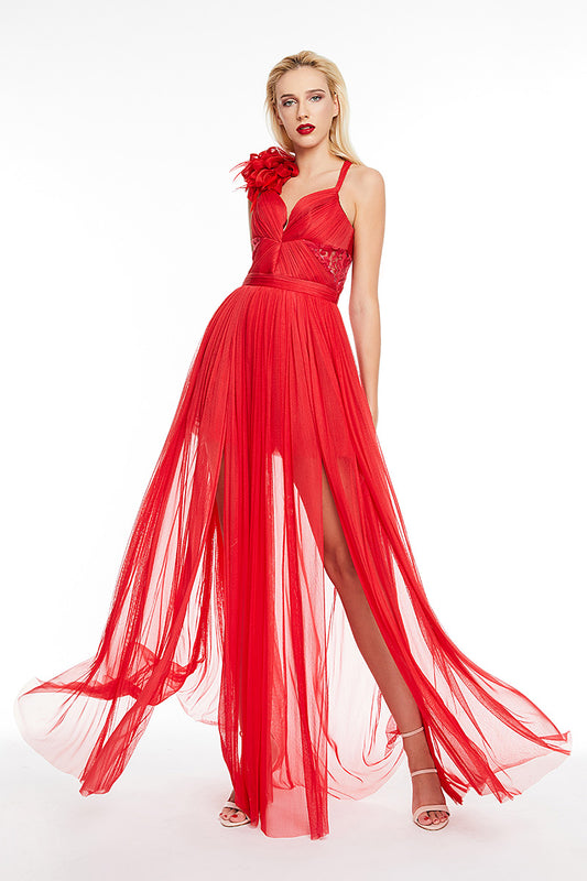 Dafine rochie lunga asimetrica din matase si dantela