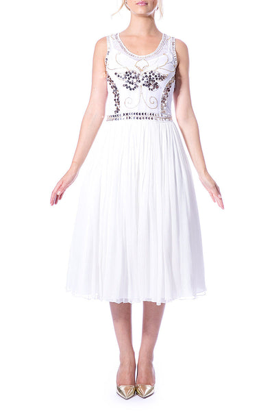 Rochie de mireasa midi din dantela si broderie manuala si matase naturala Luna