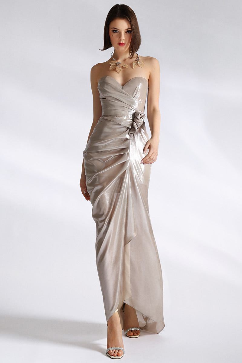 Rochie de seara lunga cu corsaj Golden asimetrica