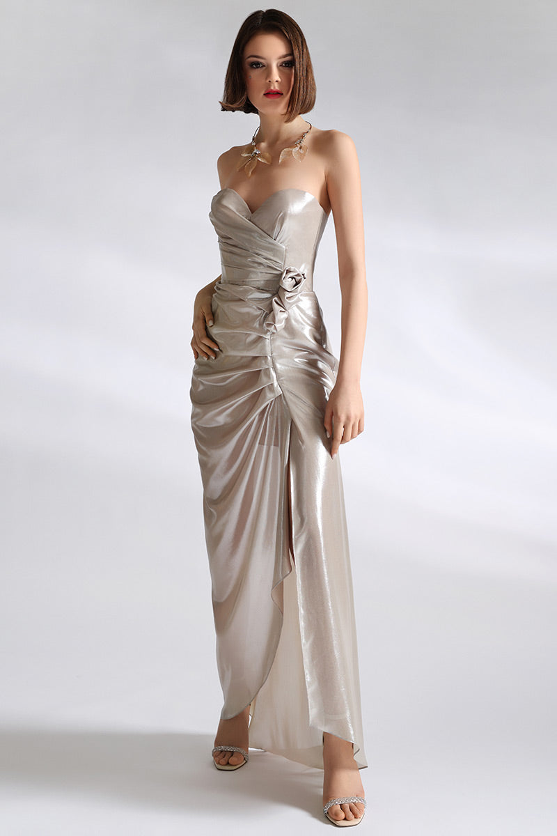 Rochie de seara lunga cu corsaj Golden asimetrica