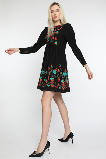 Rochia superba de de zi din matase naturala si lana cu broderie Fresh Love