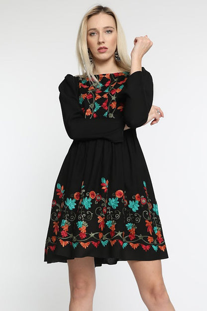 Rochia superba de de zi din matase naturala si lana cu broderie Fresh Love