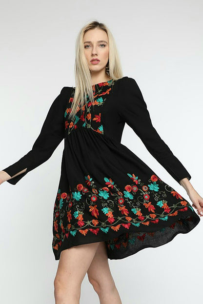 Rochia superba de de zi din matase naturala si lana cu broderie Fresh Love