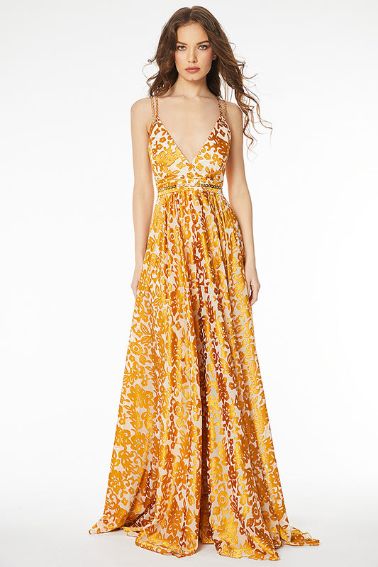 Rochie lunga de seara matase cu brocart si lant ca bretele R5H20