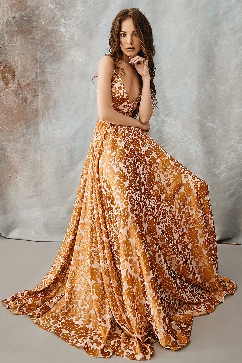 Rochie lunga de seara matase cu brocart si lant ca bretele R5H20