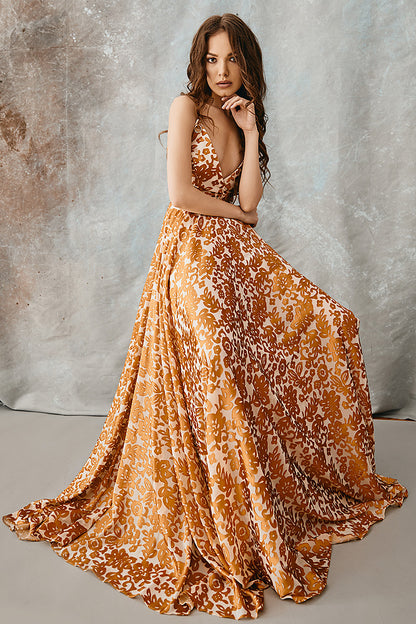 Rochie lunga de seara matase cu brocart si lant ca bretele R5H20