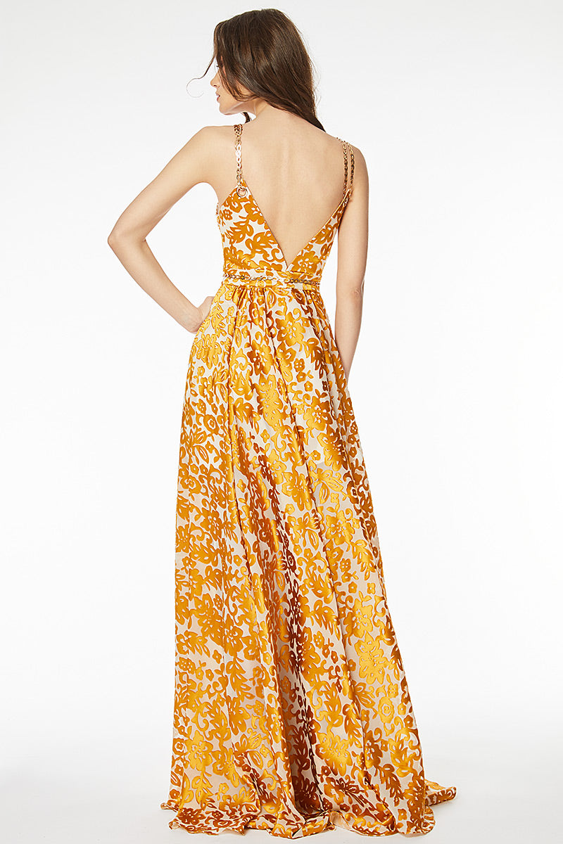 Rochie lunga de seara matase cu brocart si lant ca bretele R5H20