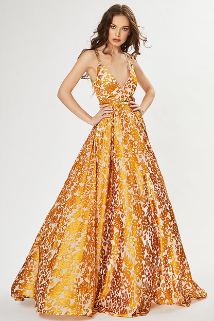 Rochie lunga de seara matase cu brocart si lant ca bretele R5H20