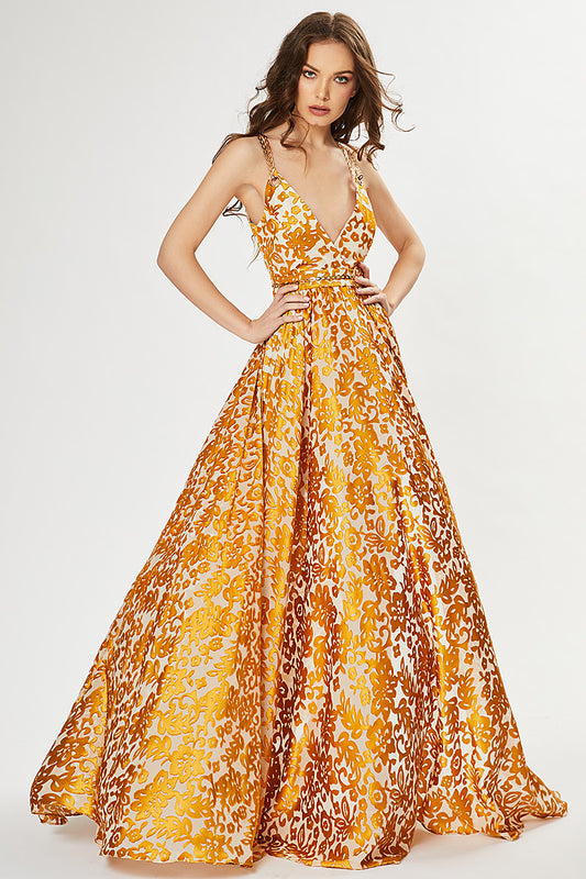 Rochie lunga de seara matase cu brocart si lant ca bretele R5H20