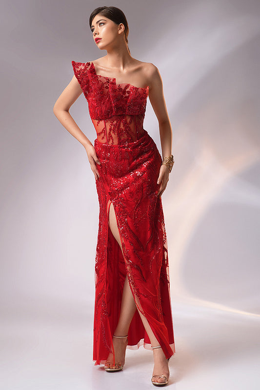 Rochie de seara cu dantela rosie si corset R5h24 Redcristal