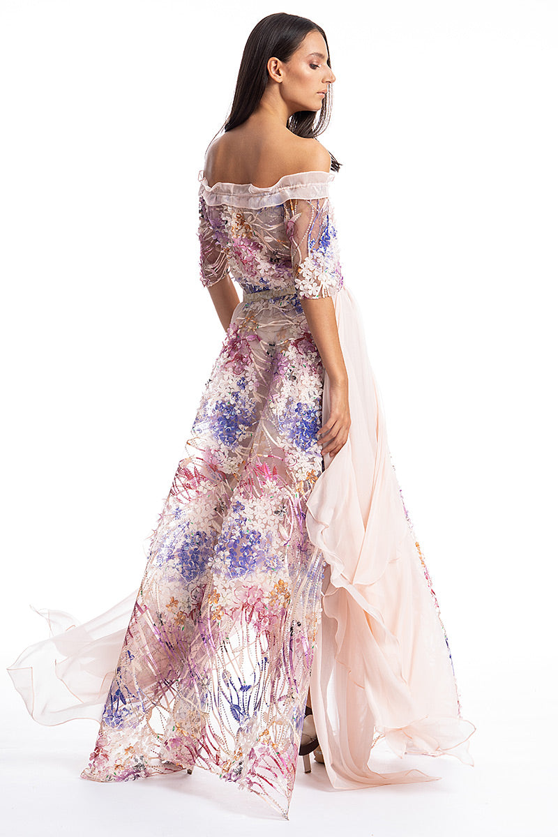 Rochie de ocazie de matase naturala si dantela, lunga, eleganta  R5S19