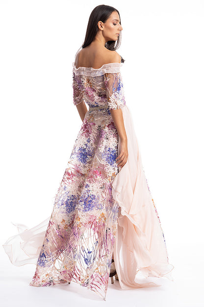 Rochie de ocazie de matase naturala si dantela, lunga, eleganta  R5S19