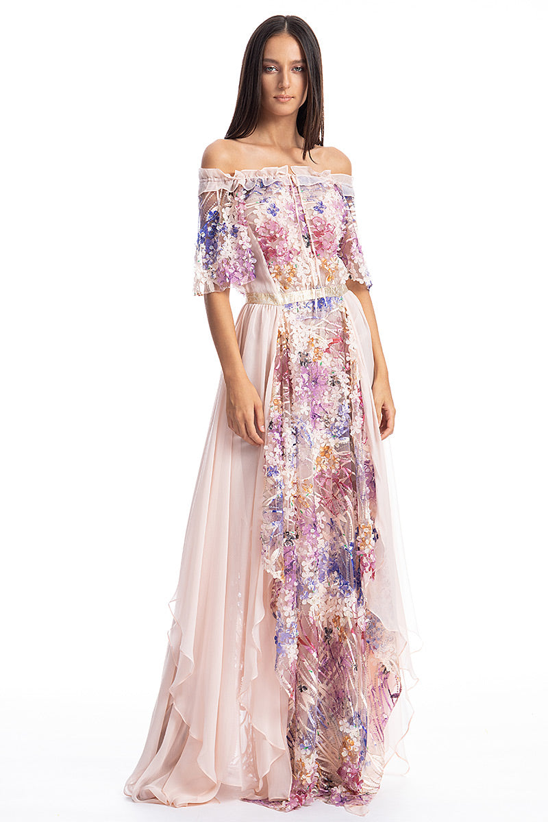 Rochie de ocazie de matase naturala si dantela, lunga, eleganta  R5S19