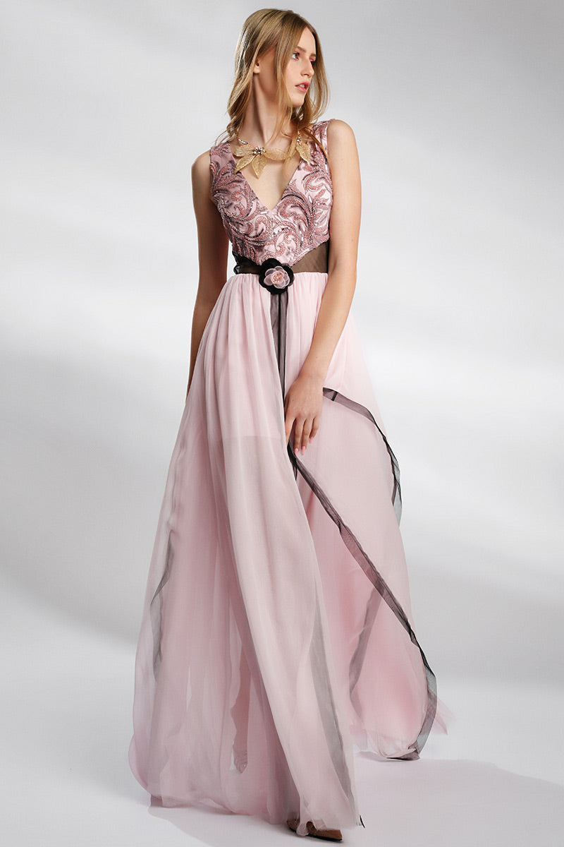 Rochie de seara eleganta din matase naturala si dantela fluida, Auria