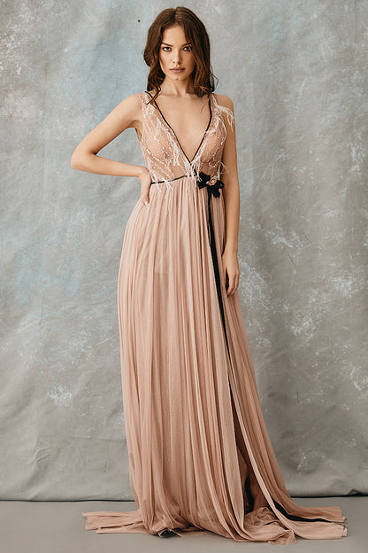 Rochie lunga de seara, eleganta, cu matase naturala si broderie cu pene R6H20